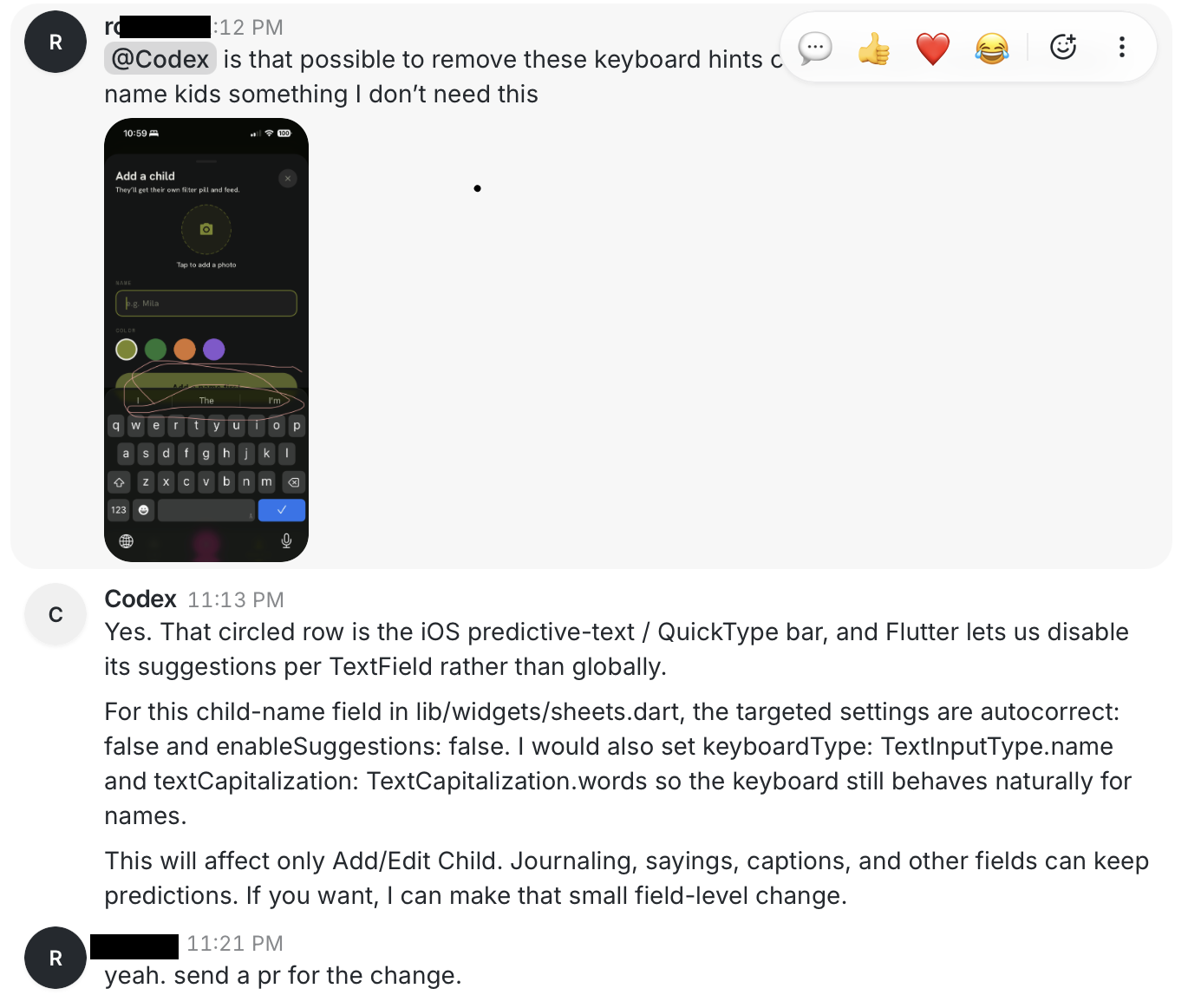 Codex answering a question in a Buzz thread about disabling the iOS predictive-text bar, with the original screenshot attached, and offering to open a pull request