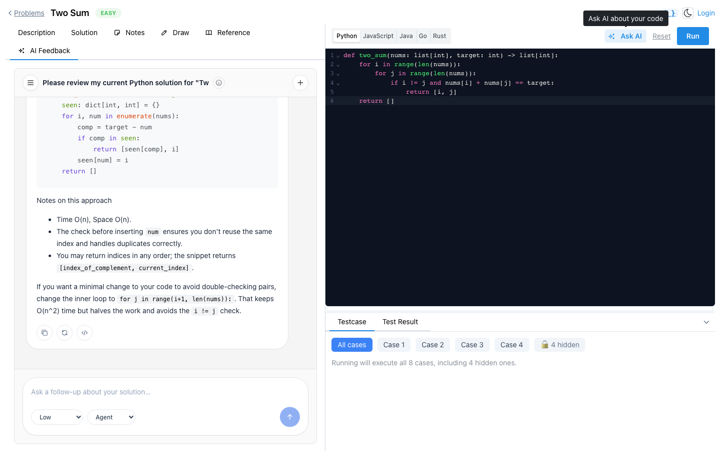 The AI Feedback chat reviewing a brute-force Two Sum solution — suggesting the O(n) hash-map approach with time and space complexity and an optimization hint